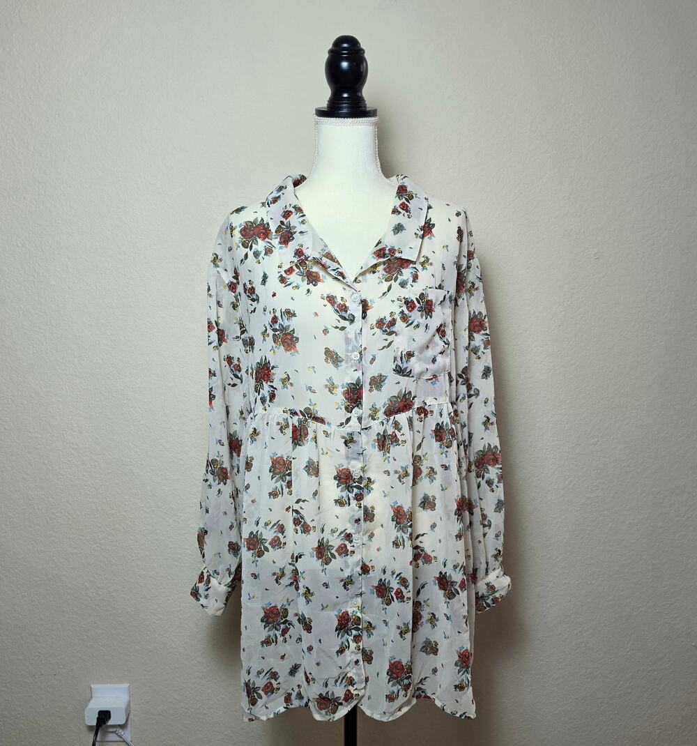 Free People Rose Floral Button Down Tunic Medium